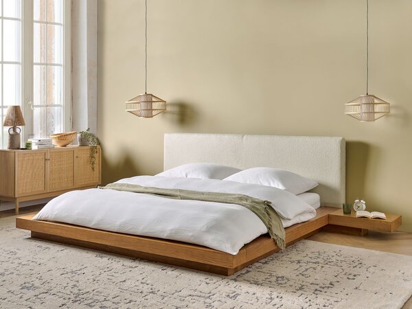 Posteľ v japonskom štýle prírodný jaseň 180 x 200 cm nízky drevený rám postele z MDF buklé čelo nočné stolíky