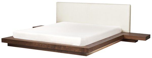 Posteľ v japonskom štýle hnedý jaseň 180 x 200 cm nízky drevený rám postele z MDF buklé čelo nočné stolíky LED osvetlenie