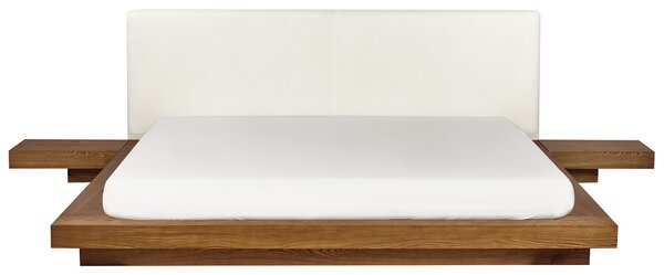 Posteľ v japonskom štýle prírodný jaseň 180 x 200 cm nízky drevený rám postele z MDF buklé čelo nočné stolíky LED osvetlenie