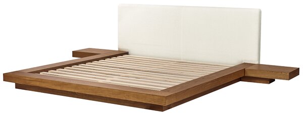 Posteľ v japonskom štýle prírodný jaseň 180 x 200 cm nízky drevený rám postele z MDF buklé čelo nočné stolíky LED osvetlenie