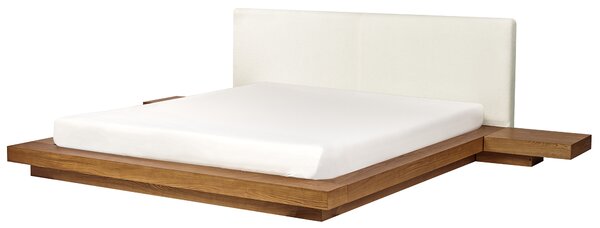 Posteľ v japonskom štýle prírodný jaseň 180 x 200 cm nízky drevený rám postele z MDF buklé čelo nočné stolíky LED osvetlenie