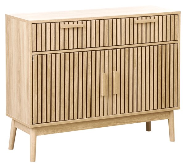 Komoda svetlé drevo MDF nohy z borovicového dreva 2 zásuvky 1 skrinka s dvierkami úložný priestor škandinávsky moderný štýl predsieň spálňa
