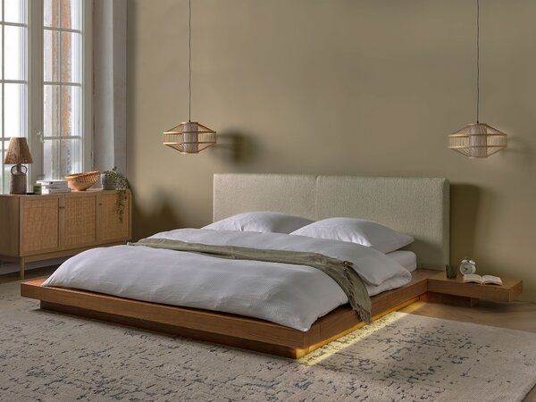 Posteľ v japonskom štýle prírodný jaseň 180 x 200 cm nízky drevený rám postele z MDF buklé čelo nočné stolíky LED osvetlenie