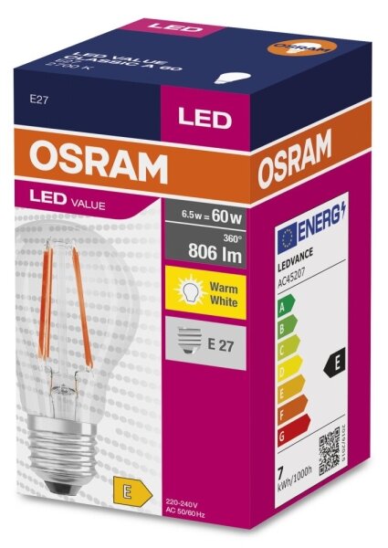 LED Žiarovka FILAMENT A60 E27/6,5W/230V 2700K - Osram