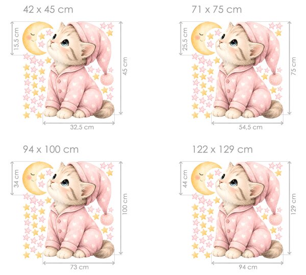 Nalepte.cz Mačiatko v pyžame a mesiac nálepky na stenu pre dievčatá list 42 x 45 cm