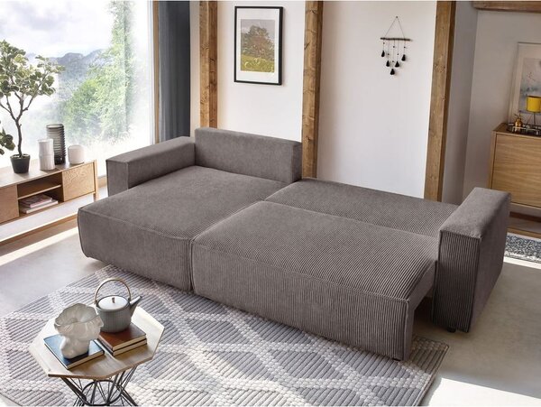 Taupe menčestrová rozkladacia/s úložným priestorom rohová pohovka Nihad – Bobochic Paris