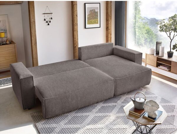 Taupe menčestrová rozkladacia/s úložným priestorom rohová pohovka Nihad – Bobochic Paris