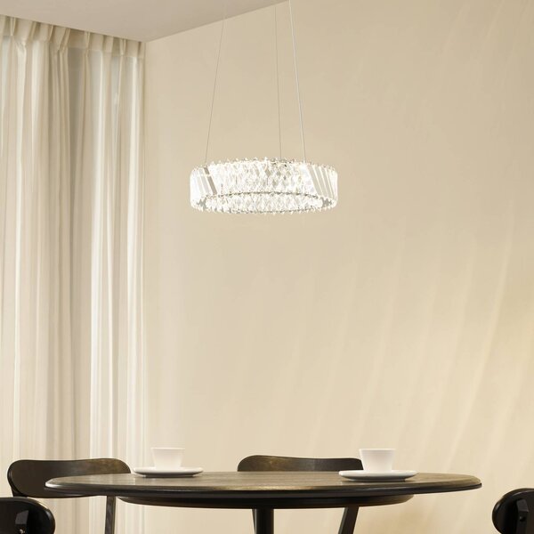 Lucande LED závesné svietidlo Glacis, krištáľ, Ø 40 cm, chróm, Jasné / priehľadné, Obývacia izba / jedáleň, Sklo, Dizajn, Závesné svietidlo
