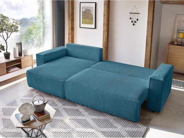 Tyrkysovomodrá menčestrová rozkladacia rohová pohovka Nihad – Bobochic Paris