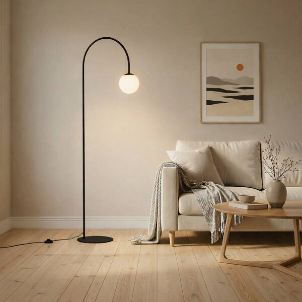Stojacia lampa Nova, sklo/kov, čierna/biela, výška 155 cm, Čierna, Obývacia izba / jedáleň, kov, Moderný, Guľa