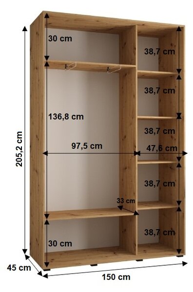 Šatníková skriňa YVONA 1 - 150/45 cm, čierna / biela / zlatá