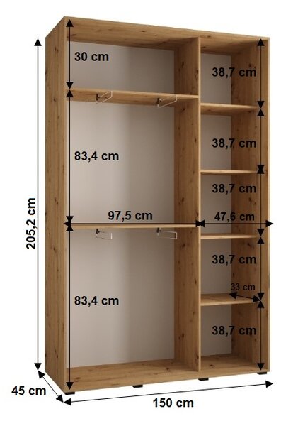 Šatníková skriňa YVONA 1 - 150/45 cm, čierna / biela / zlatá