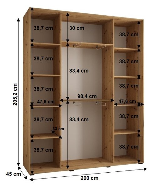 Šatníková skriňa YVONA 7 - 200/45 cm, dub artisan / čierna