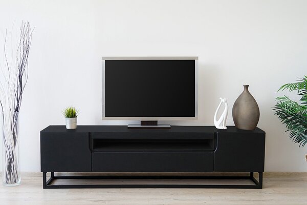 TV stolík Loftia 200 cm na kovovom ráme - čierny / čierny mat