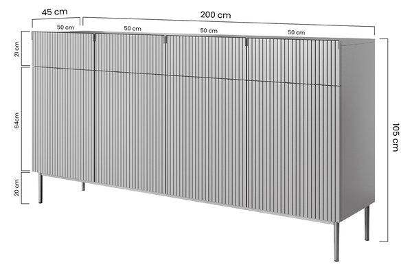 Biela štvordverová komoda Nicole 200 cm so zásuvkami s ryhovaným čelom - biely mat / zlaté nožičky
