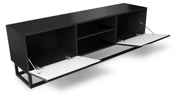 TV skrinka Loftia Mini 160 cm s otvorenými priečinkami a kovovým rámom – čierna / čierny mat