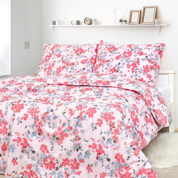 Goldea bavlnené posteľné obliečky - ružové a modrosivé kvety 140 x 200 a 70 x 90 cm