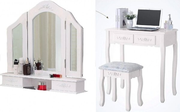 Elegantný biely toaletný stolík s veľkým zrkadlom a taburetkou