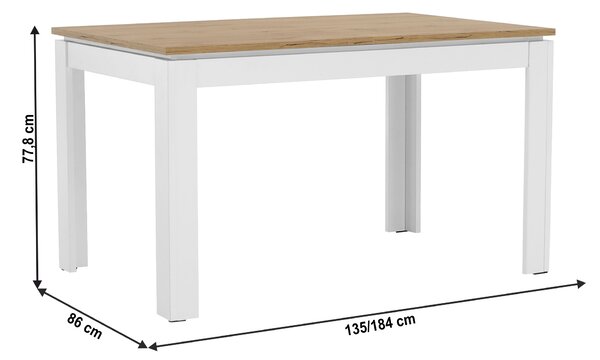 KONDELA Rozkladací stôl, biela/dub wotan 135-184x86 cm, VILGO