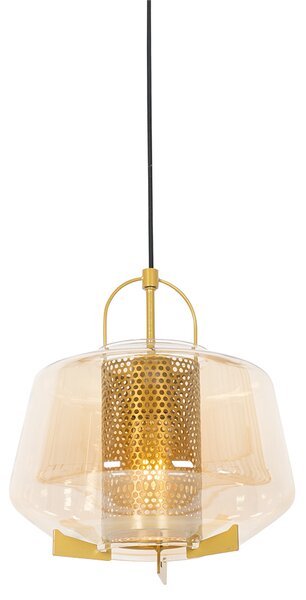 Art deco závesná lampa zlatá s jantárovým sklom 30 cm - Kevin