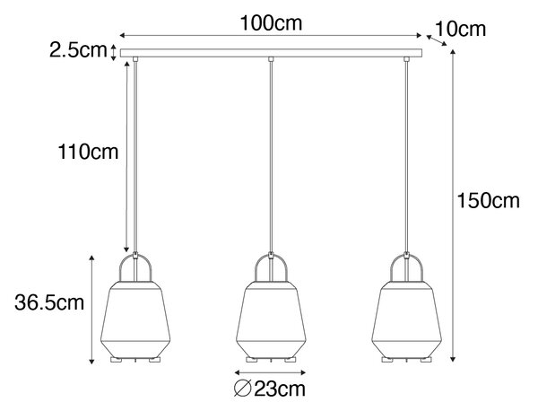 Závesné svietidlo čierne s dymovým sklom 23 cm obdĺžnikové 3-svetlo - Kevin