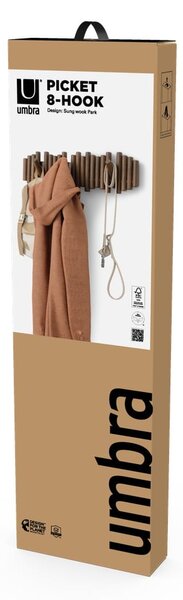 Tmavohnedý nástenný vešiak z borovicového dreva 61 cm Picket – Umbra