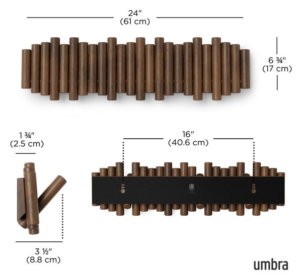 Tmavohnedý nástenný vešiak z borovicového dreva 61 cm Picket – Umbra