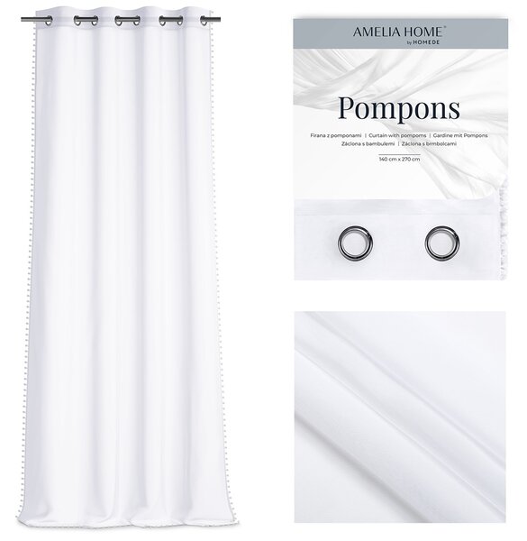 AmeliaHome Dekoračná záclona Pompons biela, s krúžkami, 140x250