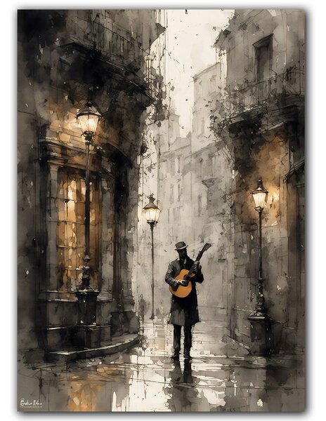 Romantický pouličný gitarista v nostalgickej uličke 30x40cm