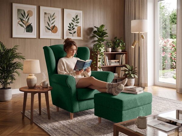 Kreslo ušiak s taburetom Loft - zelená