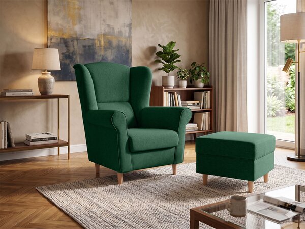 Kreslo ušiak s taburetom Loft - zelená