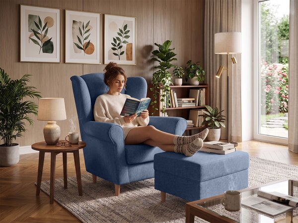 Kreslo ušiak s taburetom Loft - modrá