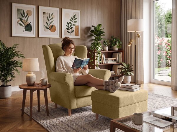 Kreslo ušiak s taburetom Loft - žltá