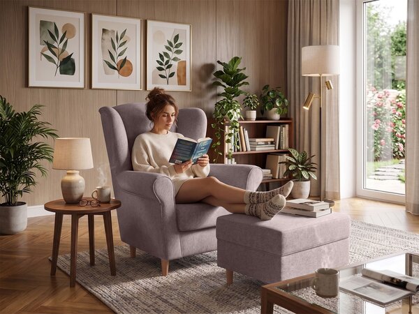 Kreslo ušiak s taburetom Loft - ružová