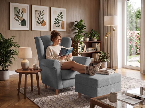 Kreslo ušiak s taburetom Loft - tmavosivá