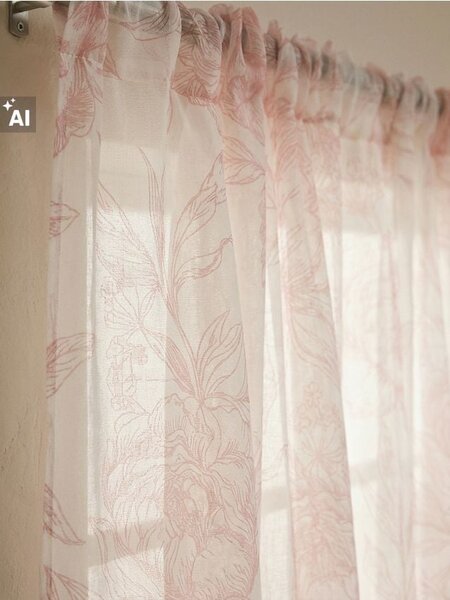 Sinsay - Polopriehľadná záclona s rastlinným motívom - popolavá ružová