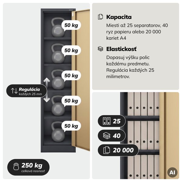 Kovová kancelárska skriňa na dokumenty, antracitová/orechová, 450x1850x400 mm: ALEX Eco Design