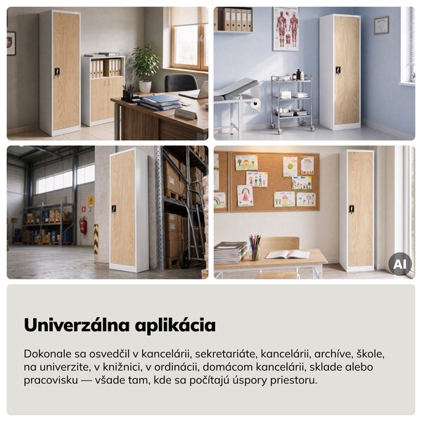 Kovová kancelárska skriňa na dokumenty, biela/dub Sonoma, 450x1850x400 mm: ALEX Eco Design
