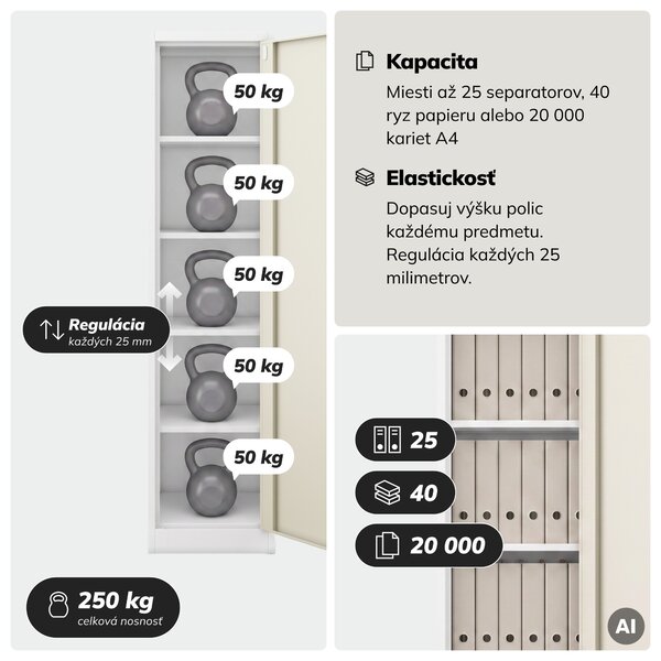 Kovová kancelárska skriňa na dokumenty, biela/dub Sonoma, 450x1850x400 mm: ALEX Eco Design
