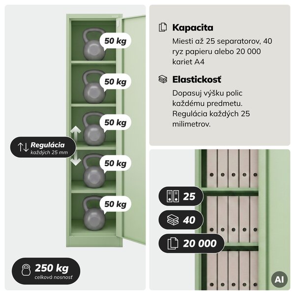 Kovová kancelárska skriňa na dokumenty, vysoká, pastelovo zelená, 450x1850x400 mm: ALEX Fresh Style