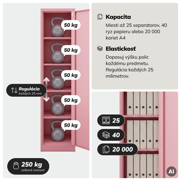 Kovová kancelárska skriňa na dokumenty, vysoká, pudrová ružová, 450x1850x400 mm: ALEX Fresh Style