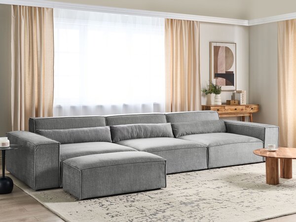 3-miestna modulárna pohovka s taburetom sivá látkové čalúnenie čierne nohy minimalistický moderný štýl obývacia izba