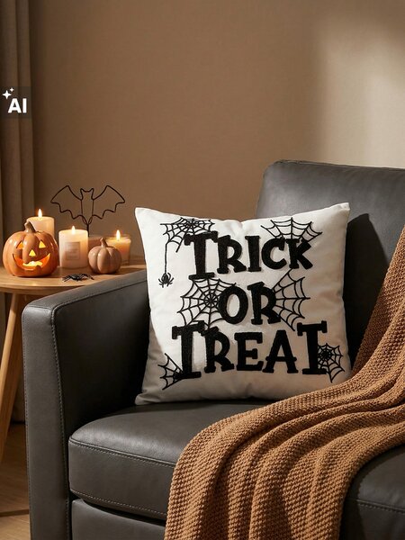 Sinsay - Halloweenská dekoratívna obliečka na vankúš s nápisom a motívom pavučiny - biela