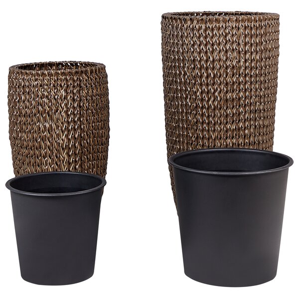 Sada 2 kvetináčov hnedá umelý ratan okrúhle kvetináče s plastovou vložkou izbové a vonkajšie