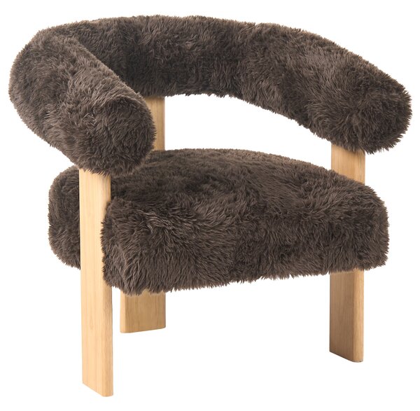 3-miestna sedacia súprava tmavohnedá umelá kožušina 2-miestna pohovka kreslo svetlé drevené nohy retro štýl obývacia izba