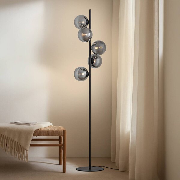 Lindby Stojacia lampa Orbelia, čierna, 5-pl., sklo, Čierna, Obývacia izba / jedáleň, Sklo, Moderný, Stojaca lampa