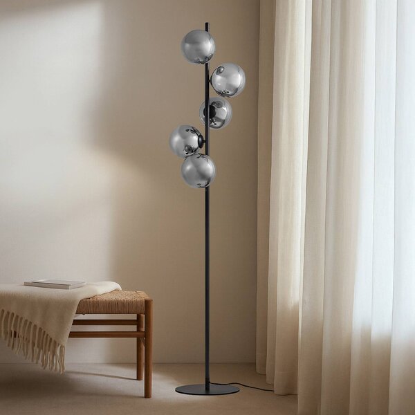 Lindby Stojacia lampa Orbelia, čierna, 5-pl., sklo, Čierna, Obývacia izba / jedáleň, Sklo, Moderný, Stojaca lampa