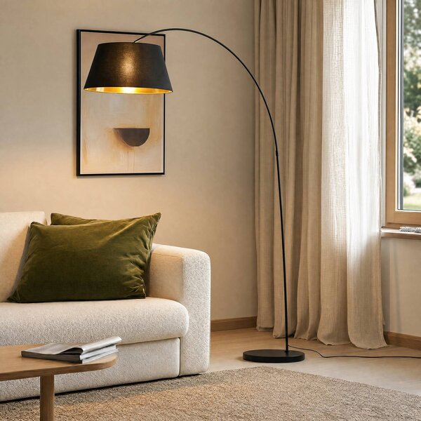 Lindby Stojacia lampa Esti, čierna/zlatá, látka, výška 192 cm, Čierna, Obývacia izba / jedáleň, Textil / látka / hodváb, Moderný, Oblúková stojaca lampa