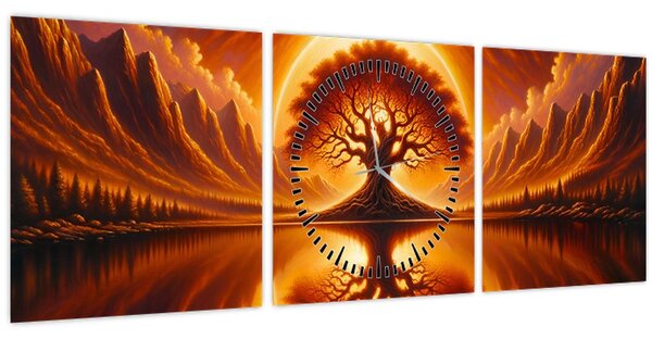 Obraz – Strom v krvavom slnku (s hodinami) (90x30 cm)