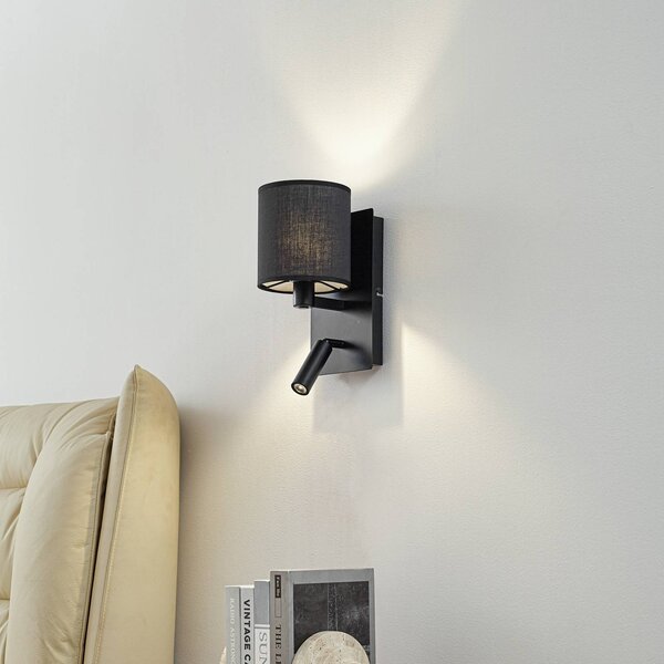Lindby nástenné svetlo Aiden, 30 cm, čierne, LED lampa na citanie, E14, Čierna, Obývacia izba / jedáleň, Textil / látka / hodváb, Moderný, Nástenné svietidlo